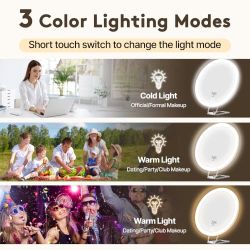 30X Magnifying Mirror with LED Light, Tweezers & Scissors White