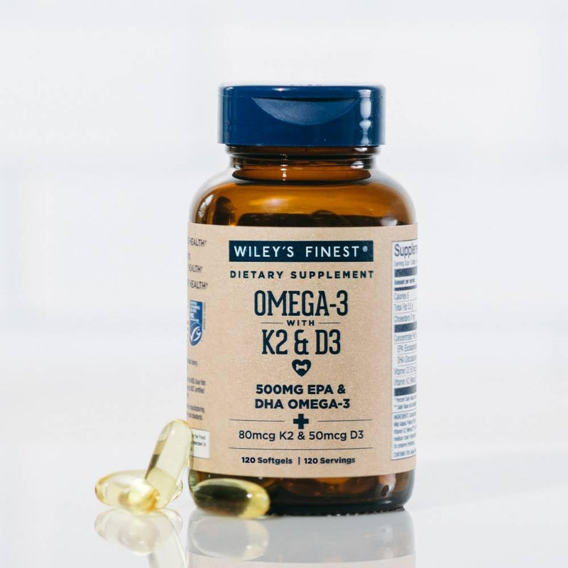 Wiley's Finest Omega-3 with Vitamin K2 and D3, 120 Count (Pack of 1) | Wild Alaskan Fish Oil, Vitamin K2 and D3 Softgels, 500 mg EPA and DHA, 80 mcg K2 and 50 mcg D3, Bone and Heart Health Support 120 Count (Pack of 1)