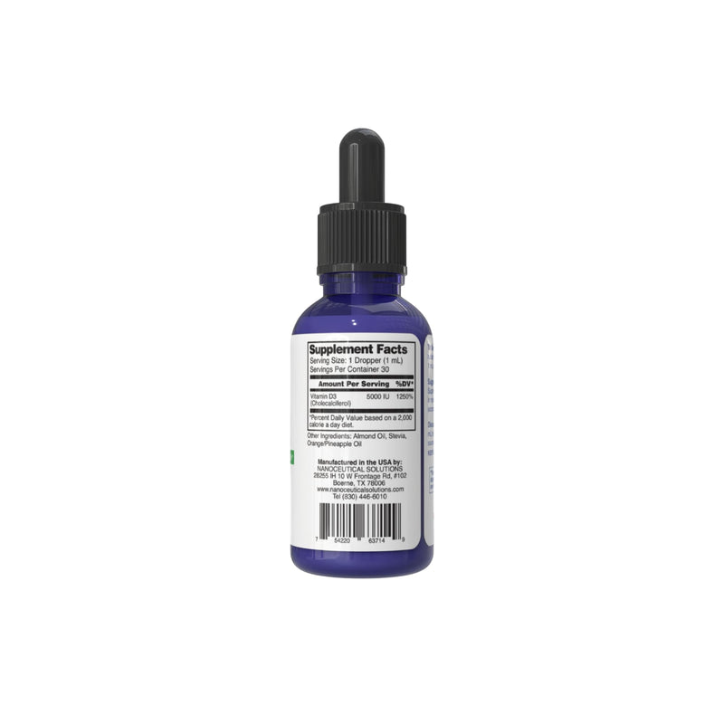 NANO VITAMIN D3 Nanosized liquid drops, RAPID ABSORPTION, 5000 IU potent formulation, Strengthens bone & muscle, supports healthy heart. 30 ml bottle, 1 month supply.