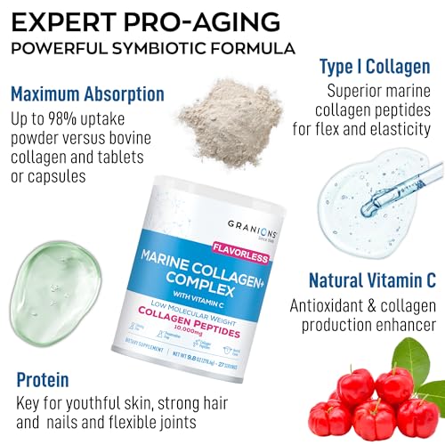 Marine Collagen Powder Unflavored - 10g Type I Hydrolyzed Collagen Peptides with Natural Acerola Vitamin C Antioxidant - Hair, Skin, Nails Vitamins for Women & Men- Pro-Aging Beauty Supplement - 9.8oz