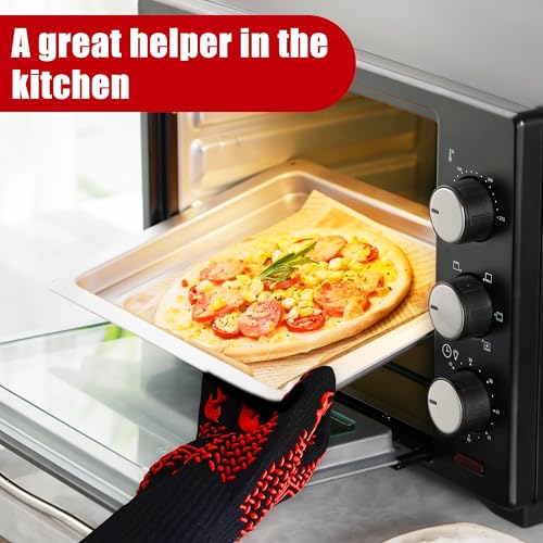 BBQ Grill Gloves, 1472°F Extreme Heat Resistant Grilling Gloves Non-Slip Oven Mitts Potholder, Perfect for Barbecue, Cooking, Baking, Fireplace, Smoker - 2 Pair (Red and Black) Flame Red and Black