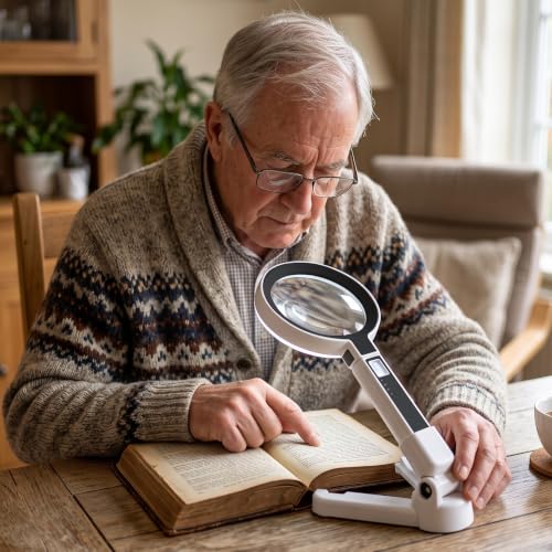 5X/10X Large 4.5" Magnifying Glass with Light & Detachable Stand Black