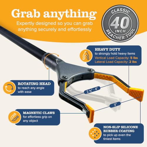 EZPIK Classic 40” Folding Grabber Reacher Tool with Dual Magnets, Heavy Duty Trash Picker Upper Grabber for Seniors & Disabled Users, Aluminum Pickup Tool for Everyday Reaching Aids (Black, 2 Pack) 40'' (Pack of 2) - Black
