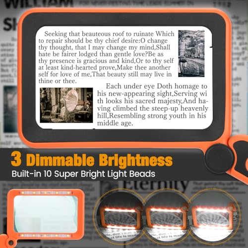 Rechargeable Magnifying Glass with Light for Reading, 6X Large Page Lighted Magnifier for Seniors Low Vision, Folding Handheld Rectangle Magnifier for Reading Small Print Orange-Black Orange Black