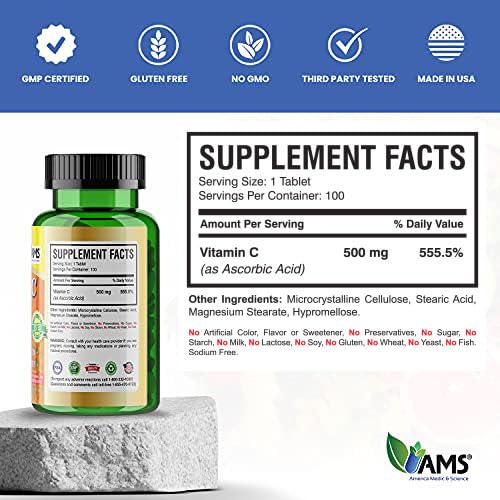 America Medic & Science Rapid-C 500mg Vitamin C Supplement (2 Pack of 100 Tablets) Energy Booster, Daily Immune System Support, Antioxidant | Vegan, Non-GMO Coated Ascorbic Acid for Adult Men & Women 100 Count (Pack of 2)