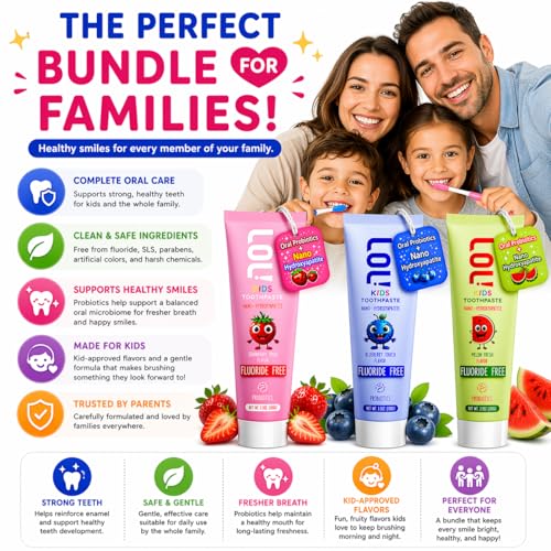 LOL! Kids Toothpaste 3 Pack – Strawberry, Blueberry & Watermelon | Fluoride Free Kids Toothpaste with Nano Hydroxyapatite & Oral Probiotics | Natural Toothpaste for Kids, Safe & Gentle