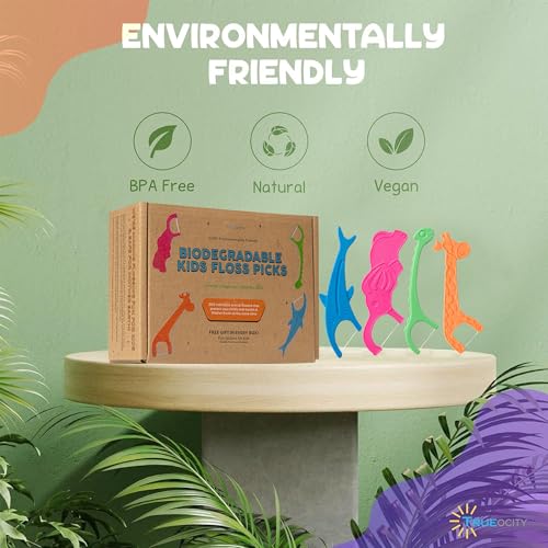 Biodegradable Kids Flossers -200 Pack, Natural Kids Floss Picks, Fluoride Free, Biodegradable Floss Pick, Organic Animal Dental Floss Picks, Dental Floss Sticks - 4 Fun Animal Designs Multicolor 50 Count (Pack of 4)