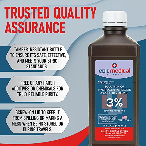 Epic Medical Supply H2O2 Hydrogen Peroxide Solution 3% USP - 16 oz, First Aid Antiseptic & Multipurpose Cleaner - Hydrogen Peroxide Mouthwash, Topical Wash for Cuts & Scrapes - 16oz (Pack of 1)