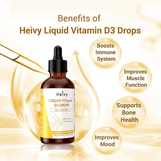 Heivy Liquid Vitamin D Drops 4000 IU (100 mcg), Vitamin D3 for Bone Health Support, Pineapple Flavor Vegan VIT D3 Drops, Made in USA, 60 Servings 2 Fl Oz (60ml)