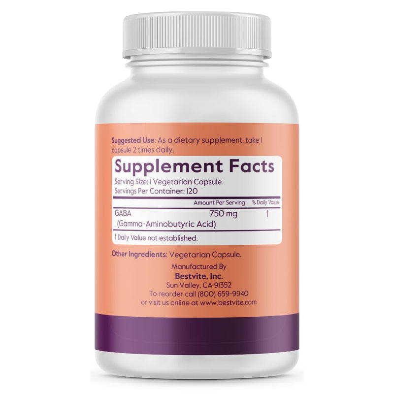 BESTVITE GABA 750mg per Capsule (120 Veg Caps) - No Fillers - No Stearates | Vegan - Gluten Free - Non GMO - Gamma-Aminobutyric Acid - Neurotransmitter Support* 1 Count (Pack of 120)