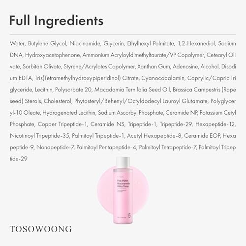 TOSOWOONG Pink PDRN Niacinamide Milky Toner for Dark Spots & Glow, Freckles