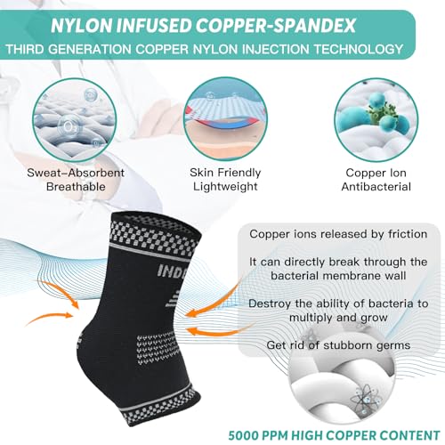 INDEEMAX Copper Ankle Brace for Women Men, Copper Infused Ankle Compression Support Sleeve for Plantar Fasciitis, Sprained Ankle, Achilles Tendonitis Brace, M Silver Black Medium