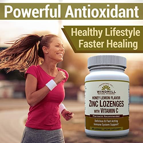 Windmill Health Products Natural Vitamins Zinc Lozenges with Vitamin C Honey Lemon Flavor, Immune System Support, Provides Antioxidant Support, Delicious & Fast Acting, 60 Lozenges, 60 Servings. 60 Count (Pack of 1)