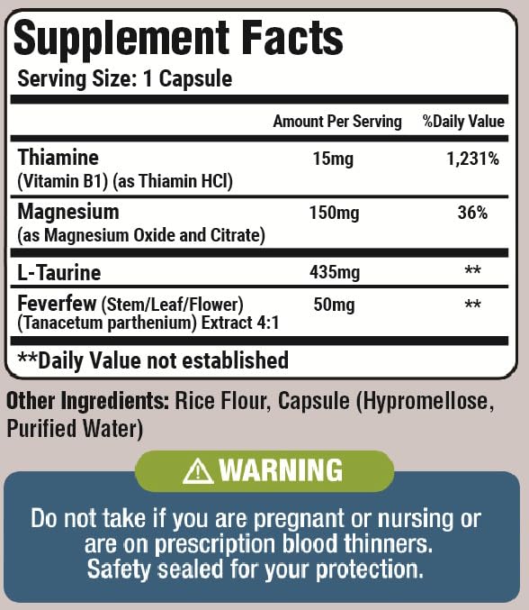 Basic Vigor Migrastil Migraine Support Capsules. Feverfew, Magnesium, Taurine & Vitamin B1 for Migraines Natural Supplement. Made in the USA. Vegan and Gluten Free.