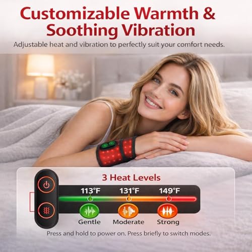 2026 Upgraded 3000mAh Rechargeable Heated Brace with Vibration & Adjustable Heat, Wrist Pain Relief for Home or WorkCordless Wrist Massager for Carpal Tunnel