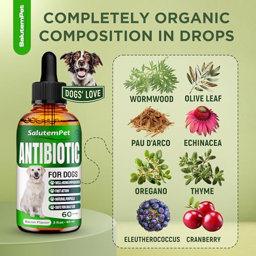 Natural Antibiotics for Dogs and Puppies – Antibiotics for Dogs of All Ages – Herbal Ingredients – Helps with Allergies and UTIs – for Balanced Digestion – Joint Care – Bacon Taste – 2 Oz 2 Fl Oz