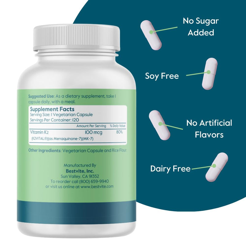 BESTVITE Vitamin K2 100 mcg as MK-7 w/Patented K2VITAL (120 Vegetarian Capsules) - No Stearates - Vegan - Non GMO - Gluten Free 120 Count (Pack of 1) - BeesActive Australia