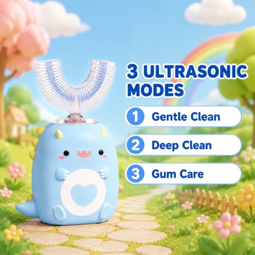 Kids U-Shaped Electric Toothbrush,4 Heads,Dinosaur Design Ages 2-12 Blue