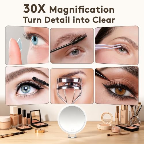 30X Magnifying Mirror with LED Light, Tweezers & Scissors White
