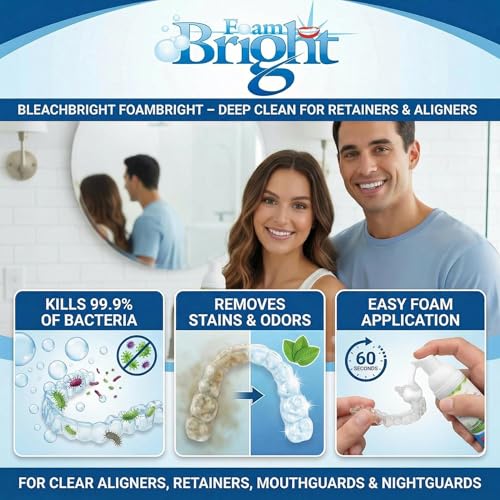 Aligner & Retainer Cleaner Whitening Foam | Compatible with Invisalign, Byte, Candid, ClearCorrect | Night Guard Mouth Guard Denture Cleaner | Whitens Teeth, Peroxide Free, Enamel Safe | FoamBright 1 Unit