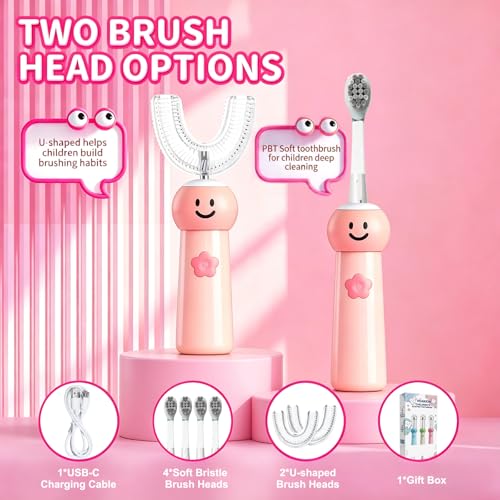 Kids U-Shaped Electric Toothbrush with 6 Brush Heads, Automatic 360° Sonic Cleaning, 3 Modes, IPX7 Waterproof, Cute Cartoon Design, Ages 6-12 (Pink) Pink