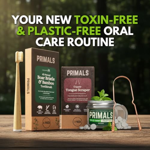 PRIMALS Complete Natural Oral Care Bundle - Boar Bristle Toothbrush 4-Pack, Fluoride-Free Nano Hydroxyapatite Toothpaste Tablets & Copper Tongue Scraper - Zero Fluoride, Zero Plastic, Zero Toxins