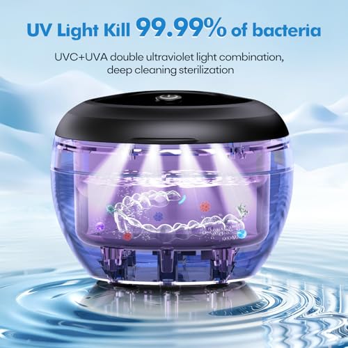 Upgraded Ultrasonic Retainer Cleaner Machine, 48kHz Ultrasonic Dentures Cleaner for Mouth Guards, Braces, Aligner, Toothbrush & Jewelry, 200ML Capacity, Black Light Black