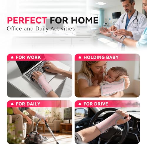 Copper Compression Advanced Wrist Brace - Copper Infused Adjustable Orthopedic Support Splint for Pain, Carpal Tunnel, Arthritis, Tennis Elbow, Tendinitis, RSI, Ganglion Cyst for Men Women Right L/XL Pink Right-L/XL