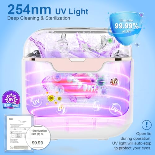 Ultrasonic Retainer Cleaner Machine, 48kHz Ultrasonic Dentures Cleaner with Timer & 4 Modes, 240ML Dental Pod for Mouth Guards, Braces, Aligner, Toothbrush, Jewelry, Makeup tool.