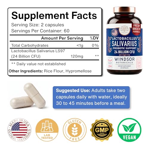 WINDSOR BOTANICALS Lactobacillus Salivarius Probiotic Capsules - L Salivarius Probiotic Oral Dental Probiotics for Bad Breath, Teeth and Gums Health and Immune Support - 24bn CFU, 2-Pack 120 Caps 60 Count (Pack of 2)