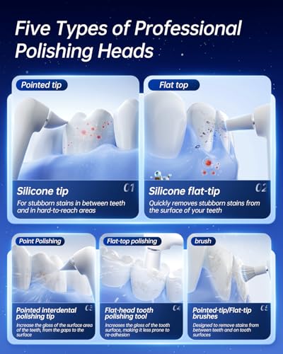 Tooth Polisher, Electric Teeth Whitening Kit, Professional Teeth Cleaning Tools with 5 Tooth Polish Paste & 6 Brush Heads, LED Light, 5 Modes USB Rechargeable Home Personal Dental Care Kit, White