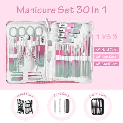 Nail Clippers Set 30 Pcs Professional Grooming Kits, Fingernail and Toenail Clipper Cutters, Ear Wax Removal Kit, Pedicure Tools, Manicure Tools with Luxurious Travel Case Gradient Color