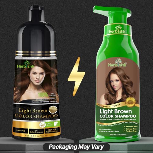 Herbishh Light Brown Hair Dye Shampoo for Gray Hair Coverage 500ml