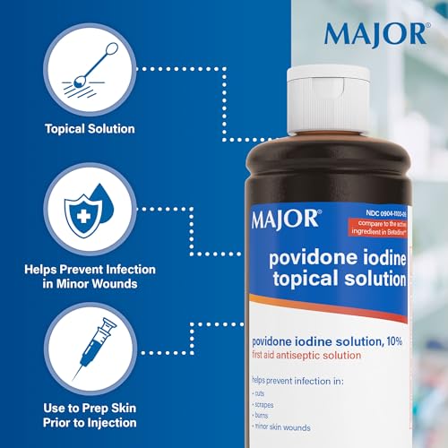 Major 10% Povidone-Iodine Liquid Topical Solution, USP - Topical Antiseptic for Cuts, Scrapes, Burns, and Minor Skin Wounds - 8 Fl. Oz. 8 Fl Oz (Pack of 1)