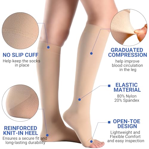 2 Pairs 20-30 mmHg Graduated Compression Socks for Women & Men, Open Toe Knee High stocking, Support Circulation, Travel & Daily Comfort Medium 20-30mmHg Beige 2Pairs