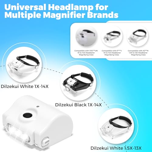 Dilzekui Black 1X to 14X Headband Magnifying Glass with Carry Bag and Spare Set of Headlamp