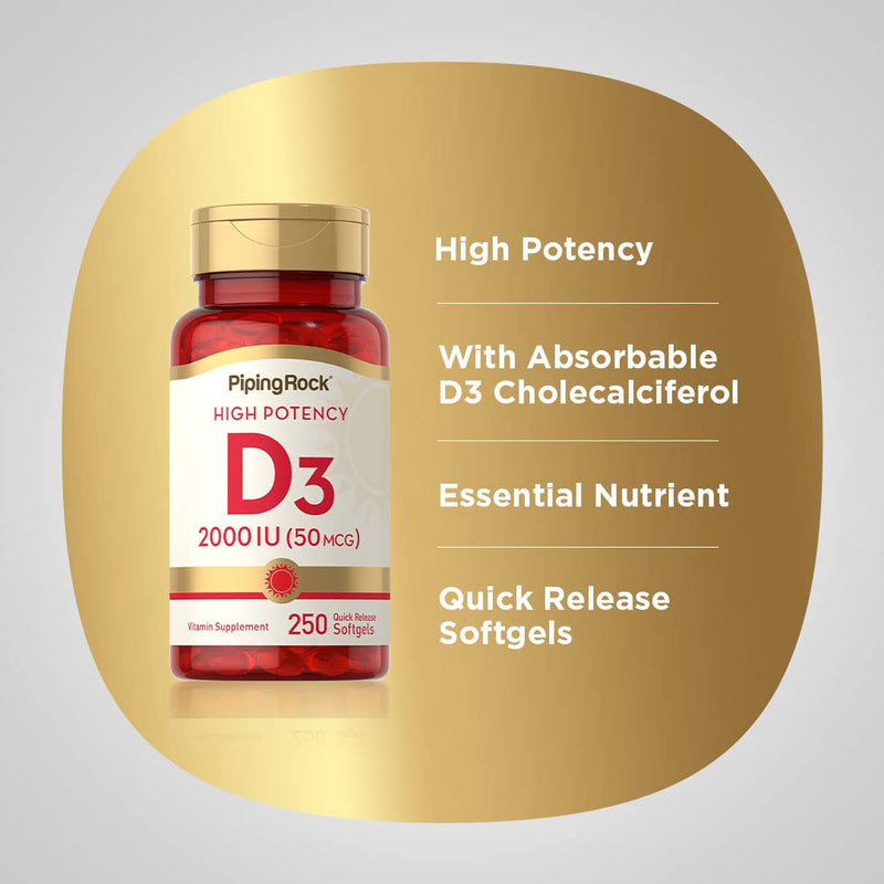 Piping Rock Vitamin D3 2000 IU | 250 Softgels | High Potency | Cholecalciferol Supplement | Non-GMO, Gluten Free 250 Count (Pack of 1)