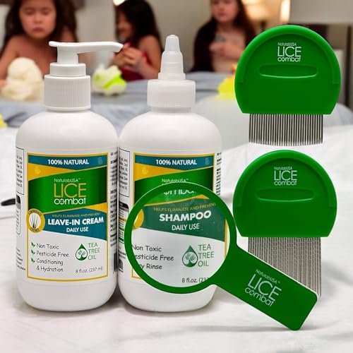 Lice Combat Treatment Kit | Shampoo, Leave-in Cream, Two Combs and Magnifying Glass | Manages Super Lice & Nits | Repels & Prevents | Pesticide Free | 100% Natural Essential Oils