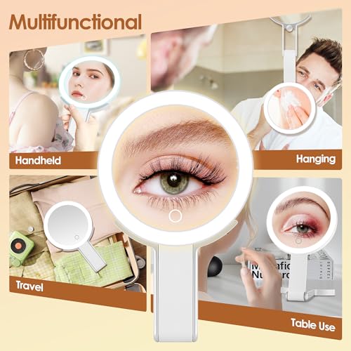 MIYADIVA Travel Makeup Mirror with Lights, Height Adjustable 30X/1X Double-Sided Magnifying Mirror, Portable Vanity Mirror with Tweezers, Handheld Tabletop Hanging, White