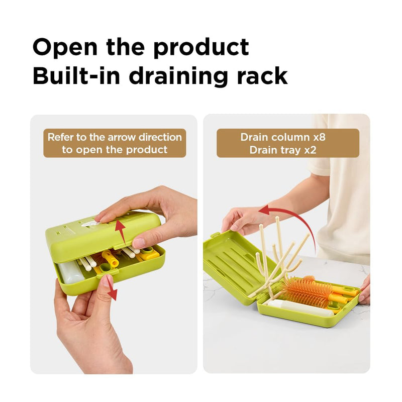 Travel Bottle Brush, Travel Bottle Cleaner Kit with Foldable Bottle Drying Rack, for Visit Friends and Relations, Baby Travel Essentials, BPA Free, Green - BeesActive Australia