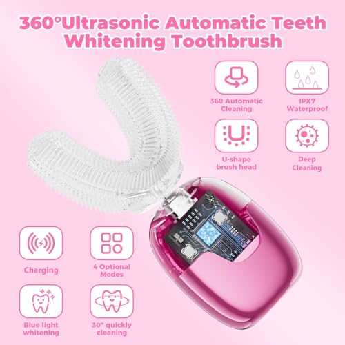 Electric Toothbrush Adults U Shaped Automatic toothbrushes,360° Whole Mouth Cleansing 3 Cleaning Modes,Rechargeable, Waterproof Pink
