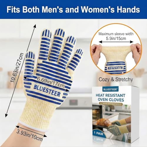 Heat Resistant Oven Gloves with Fingers, Heat Proof Gloves Oven Mitts Blue One Size Fits Most