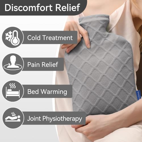 Hot Water Bottle with Soft Cover, 2L Hot Water Bag, Hot and Cold Therapies for Sore Muscles, Menstrual Cramps, Neck and Shoulder Pain Relief, Great for Women, Childs, Gray Light Gray