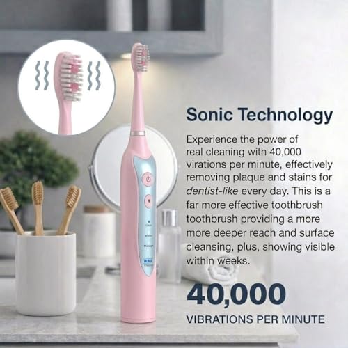 Sonic Electric Toothbrush for Adults - Rechargeable Power Toothbrush with 5 Soft Bristle Heads, Travel Case, 3 Cleaning Modes & Smart Timer, IPX7 Waterproof Pink