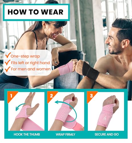HiRui Wrist Wraps 2-Pack, Adjustable Breathable Wrist Support Brace for Men & Women – Pain Relief for Carpal Tunnel Syndrome, Tendonitis, Arthritis, Sports, Workouts – Fits Left & Right Hand (Pink) Pink