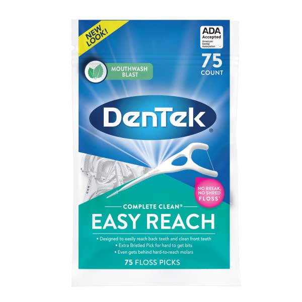 DenTek Complete Clean Easy Reach Floss Picks, Advanced Fluoride Coating, Mouthwash Blast Flavor, 75 ct. (Pack of 6) - BeesActive Australia
