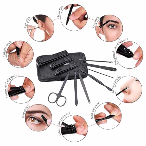 Glamne Manicure Set Nail Clippers Kit Professional Stainless Steel Nail Care Tools with Leather Travel Case 10 in 1 Black Red