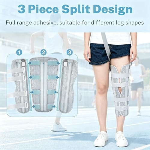 3-Panel Knee Immobilizer Brace for Men Women, Adjustable Leg Stabilizer with 4 Rigid Aluminum Splints & Anti-Slip Shoulder Strap, for Post-Surgery Recovery, Ligament Tears, Fractures