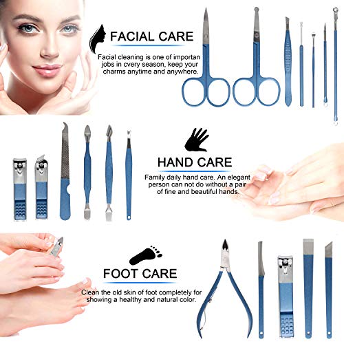 18 Pieces of Stainless Steel Nail Trimming and Beauty Kits - Nail Clippers, Nail Files, Tweezers, Nose Scissors, Eyebrow shavers, Ear Spoons, Blue Leather suitcases.