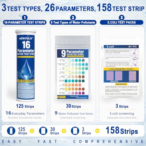 26 in 1 Water Test Kit for Drinking Water 158 Strips, Upgraded Home Water Testing Strips for Well & Tap Water, Detects Hardness, Chlorine, pH, Lead, Iron, Copper & Multiple Water Quality Contaminants
